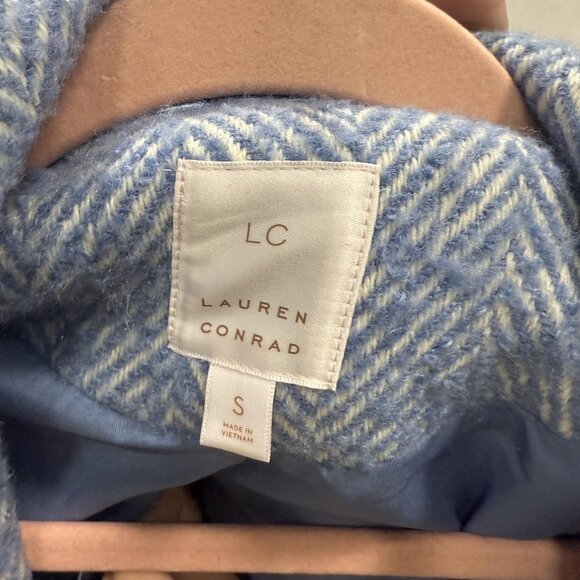 LC Lauren Conrad Coat Womens Small Blue Herringbone Wool Blend Button Front - Picture 2 of 10